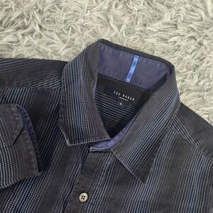Ted Baker Mens 3 Medium Navy Blue Striped Long Sleeve Cotton Button Down Shirt
